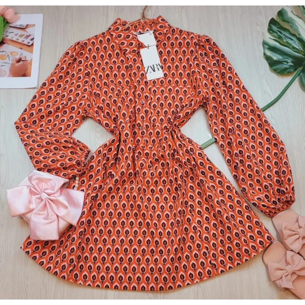 ZARA Cotton Geometric Print Belted Shirt Dress Mini NWT - Picture 14 of 16